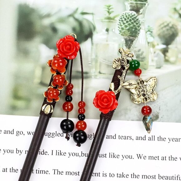 8pcs Wooden Hair Sticks Floral Bead Pendants Traditional Japanese Hair Accessori main image 8